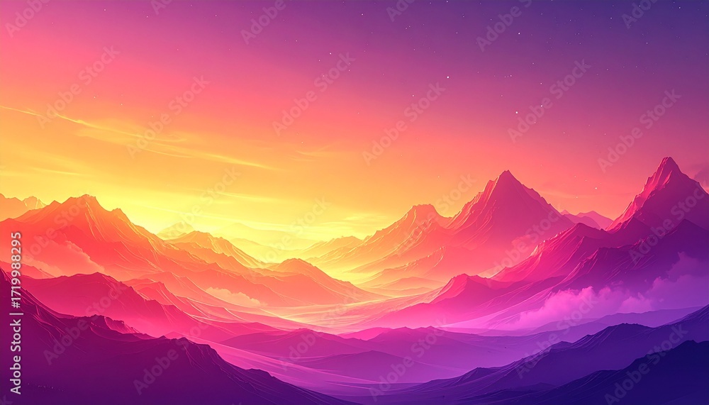 Fototapeta premium Vibrant Gradient Mountain Landscape at Sunset with Ethereal Hues and Dreamlike Sky, a Stunning Digital Art Illustration of Majestic Peaks Bathed in Golden Hour Glow