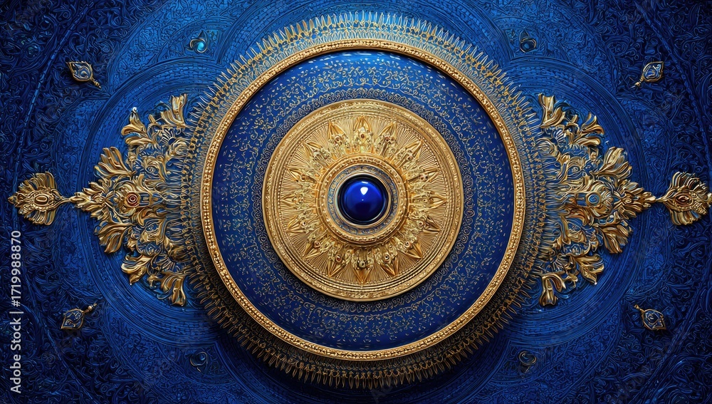 Fototapeta premium A detailed ornate design, featuring a circular medallion in gold and deep blue, evokes an opulent and intricate aesthetic.