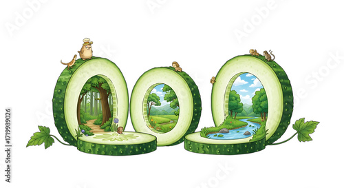 A whimsical illustration featuring sliced cucumbers framing miniature landscapes, creating a surreal and enchanting scene that blends nature with imagination isolated on transparent background
