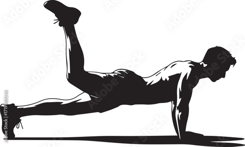 Fitness athlete silhouette performing plank exercise with leg lift for core strength training