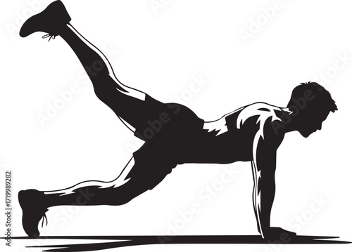 Silhouette of a fit male athlete performing a dynamic leg lift exercise for core strength and muscle toning