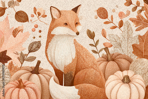 Whimsical Fall Fox Pumpkins Leaves Rustic Pastel Cozy Hand-Drawn Style
