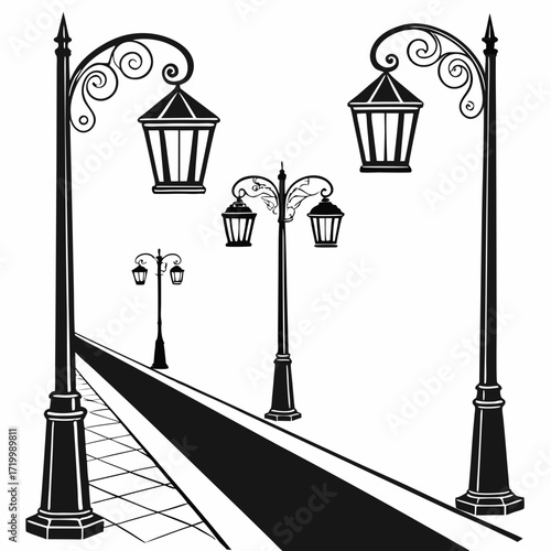 street light lamps and spotlights flat and line icon set. Old and modern street lamp black silhouette city vintage glowing in darkness road in dusk vector collection isolated on transparent background