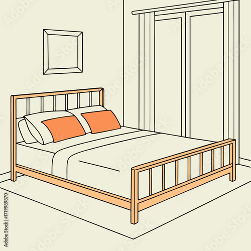 The image shows a minimalist bedroom interior. The focal point is a neatly made bed with a light-colored duvet and two orange square pillows. The bed has a light orange-brown wooden frame. The
