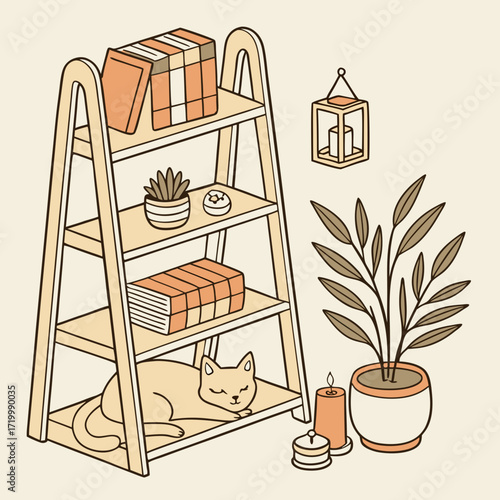 Book shelves. Rack books, interior bookshelf with cat, plants in pot and accessories. Isolated comfy scandinavian style home shelf, bookcase vector elements
