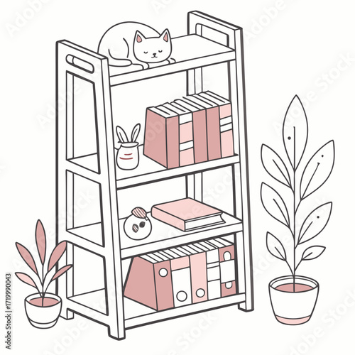 Book shelves. Rack books, interior bookshelf with cat, plants in pot and accessories. Isolated comfy scandinavian style home shelf, bookcase vector elements