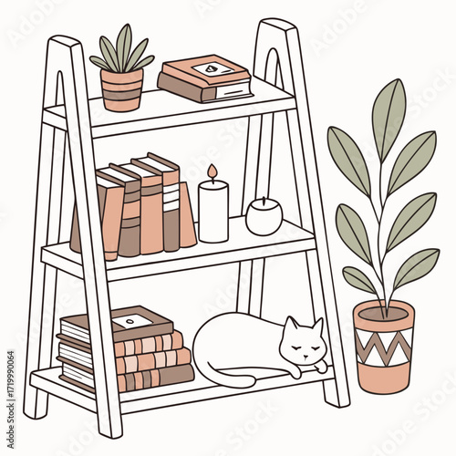 Book shelves. Rack books, interior bookshelf with cat, plants in pot and accessories. Isolated comfy scandinavian style home shelf, bookcase vector elements