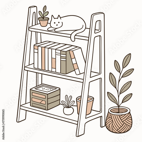 Book shelves. Rack books, interior bookshelf with cat, plants in pot and accessories. Isolated comfy scandinavian style home shelf, bookcase vector elements