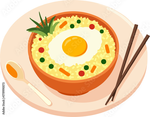 Minimalist Fried Rice Bowl Vector with Egg, Chopsticks, and Spoon – Japanese Food Flat Illustration