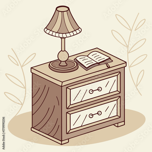 A beautifully illustrated wooden nightstand with a warm-toned lamp and a small book, set against a soft cream background.