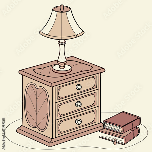 A beautifully illustrated wooden nightstand with a warm-toned lamp and a small book, set against a soft cream background.