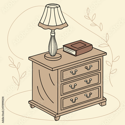 A beautifully illustrated wooden nightstand with a warm-toned lamp and a small book, set against a soft cream background.