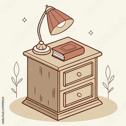 A beautifully illustrated wooden nightstand with a warm-toned lamp and a small book, set against a soft cream background.