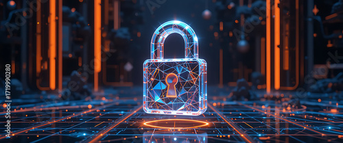 Cybersecurity sphere with 4D lock embedded in its core, radiating golden beams on deep navy background, golden and purple glowing lauer around the lock,