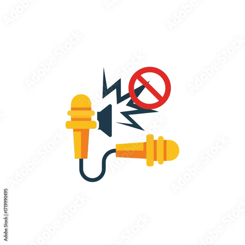 Icon of earplugs with a speaker and a prohibition sign.