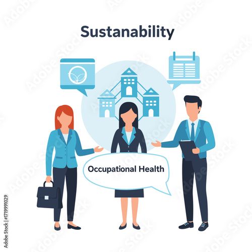 Businesspeople discussing occupational health and sustainability.
