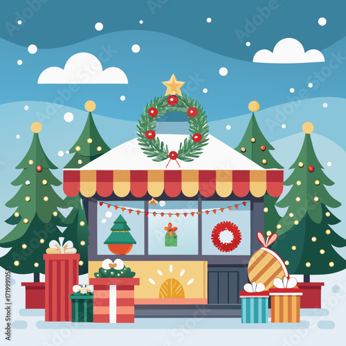 Vector illustration Christmas tree with gifts and snowman