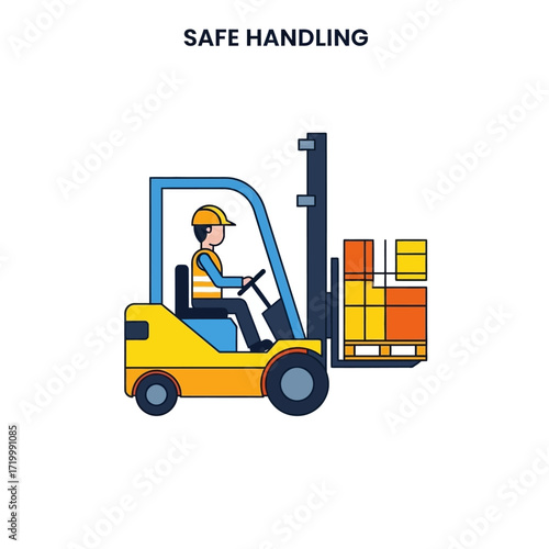A forklift operator wearing a hard hat and safety vest safely transports boxes on a pallet in a warehouse.