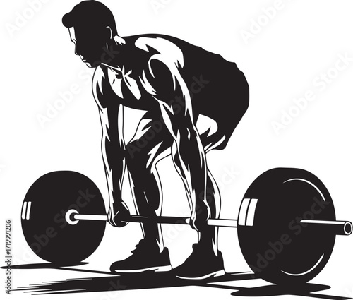 Muscular fitness athlete silhouette performing deadlift exercise with barbell in gym