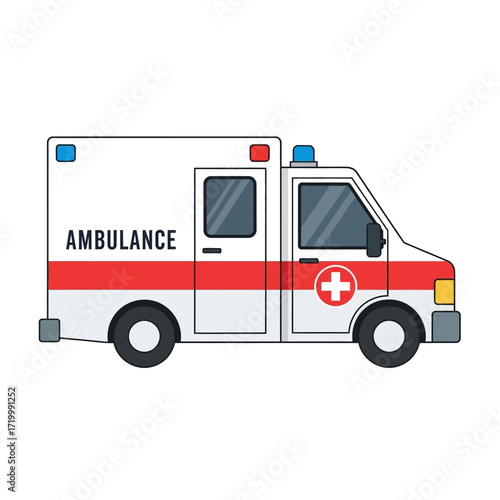 Side view of a cartoon ambulance, featuring a white body with red stripes and a large red cross on the side.