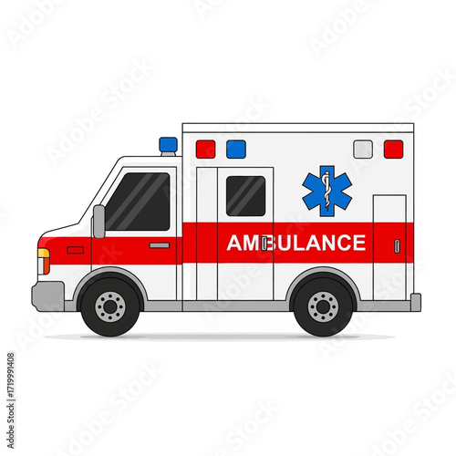 A cartoon illustration of a white ambulance with red stripes, blue lights, and the Star of Life symbol on its side, ready for emergency medical transport.