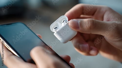 Person connecting wireless earbuds to smartphone device