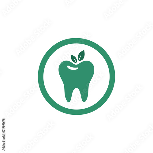 Tooth logo with leaves and flower sprout, eco dental care vector design
