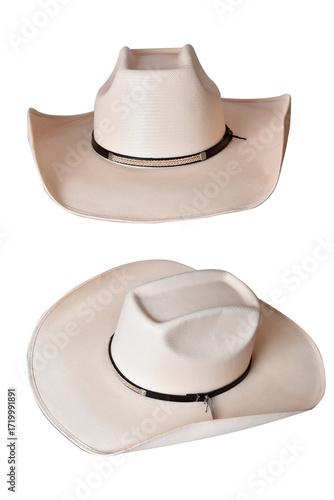 cowboy style hat straw hat with black ribbon isolated on white background, straw hat for women and men head protection