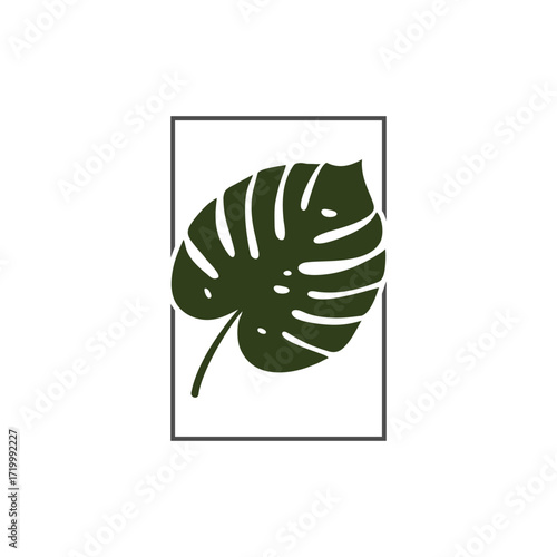 A stylized dark green Monstera leaf illustration centered within a thin rectangular frame on a white background.