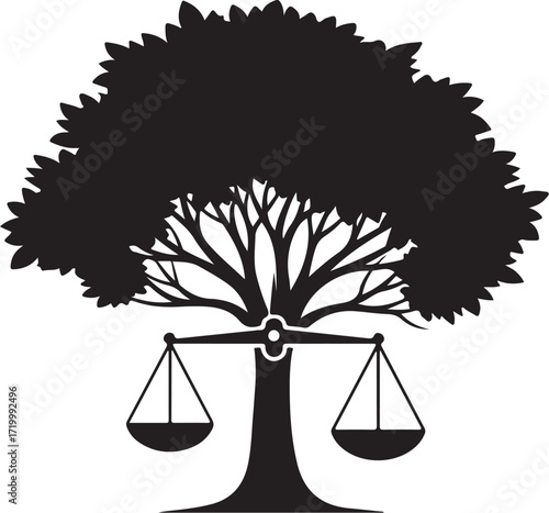 Vector art of a symbolic tree with scales of justice hanging from its branches, representing the balance between nature, law, and environmental justice on