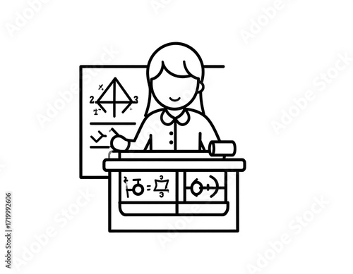 Outline drawing of a woman teaching, surrounded by diagrams