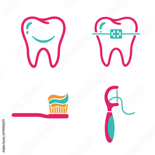 Dental care icons showing teeth, braces, toothbrush, and dental floss.