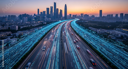 City skyline with digital road and light trails showing data flow and transport connections at sunset