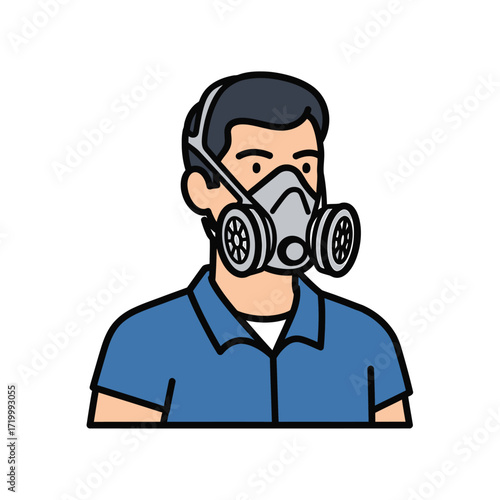 Illustration of a man wearing a respirator mask for protection against airborne particles or fumes.