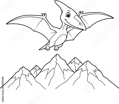 Happy Flying Pterodactyl Dinosaur Over Mountains - Cartoon Line Art Illustration for Coloring Pages
