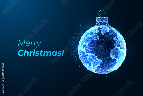 Futuristic glowing Earth Christmas ornament with Merry Christmas greeting card, vector illustration