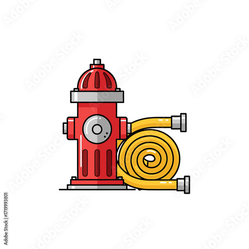 Red fire hydrant with coiled yellow hose.