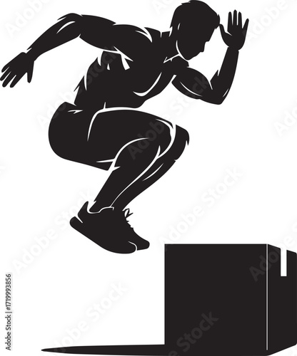 Dynamic silhouette of a muscular fitness athlete performing a powerful box jump exercise