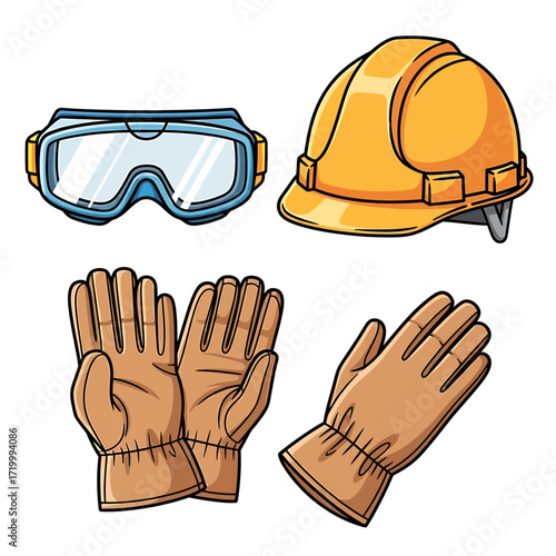Safety gear: hard hat, goggles, and leather work gloves.