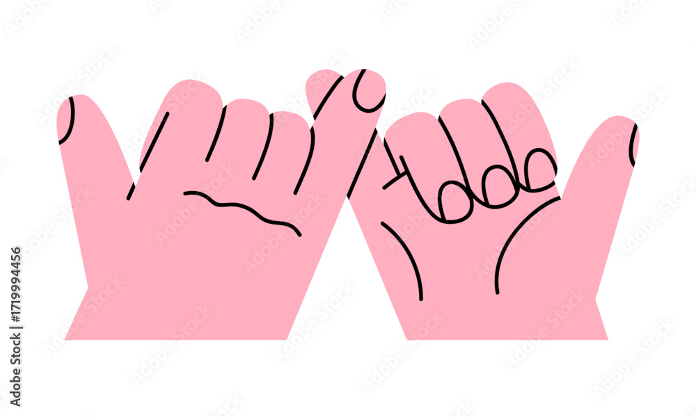 Obraz premium Hand drawn cute illustration two hands little finger crossing. Flat vector pinky promise doodle style. Friendship icon. Love romantic couple print. Swear or oath. Childhood gesture. Isolated.