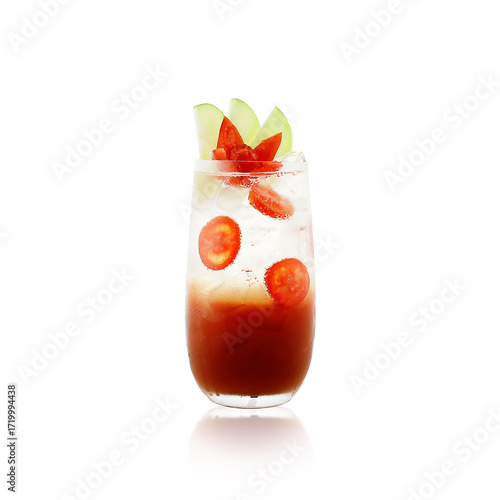 Isolated glass of tomato sparkling water with bright red color, soda juice