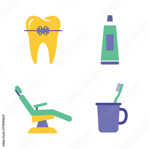 Dental care, including a tooth with braces, toothpaste, a dentist's chair, and a toothbrush.
