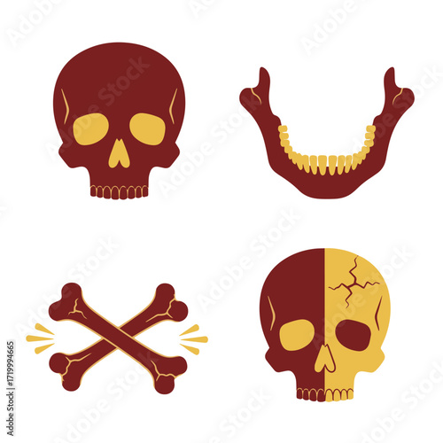 Human skulls and crossbones in maroon and yellow.