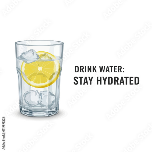 Glass of water with lemon and ice cubes, promoting hydration.