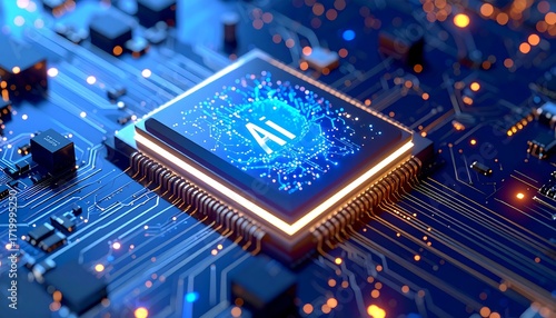 A close-up, vibrant illustration of a central processing unit showcasing AI technology. Glowing circuit board
