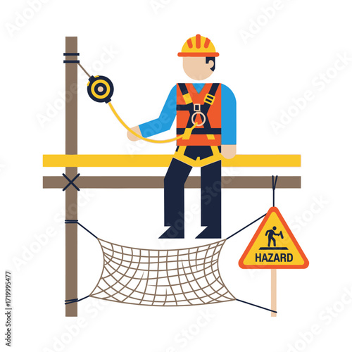 I need a detailed description, 6 to 180 characters, no keyword lists.     *   "Construction worker on scaffolding with fall protection equipment and safety n...