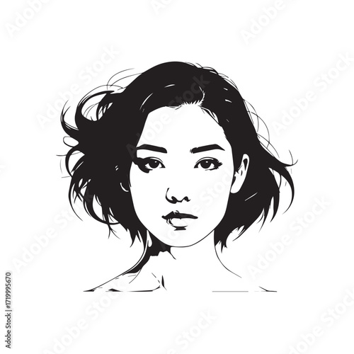
Black and white line art of a cool woman playing guitar in casual outfit minimalist stylish illustration