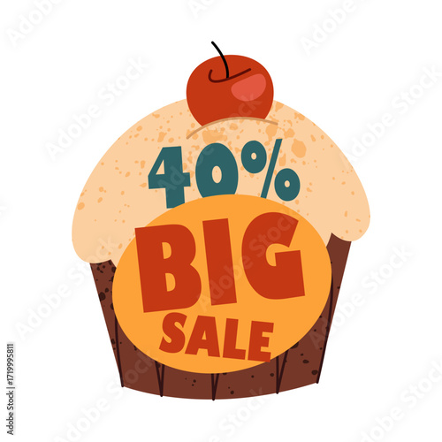Special offer sticker with cake. Vector autumn sale label for price cut or promotion event. Dessert or treat for confectionary, food discount. Shop or store, supermarket advertising tag. Limited promo