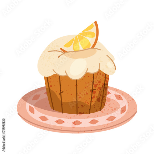 Lemon cake or sweet dessert on plate. Vector treat with icing and glaze for birthday party or celebration. Food for snack and cafe, restaurant serving. Culinary, bakery and dainty, confectionery.