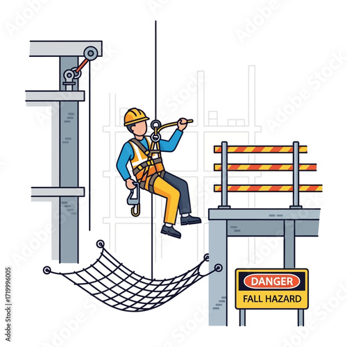 Construction worker rappelling down a building with safety net and fall hazard sign.